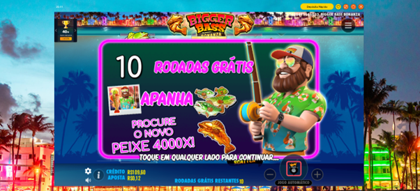 Tela do slot Bigger Bass Bonanza anunciando 10 rodadas gr&aacute;tis